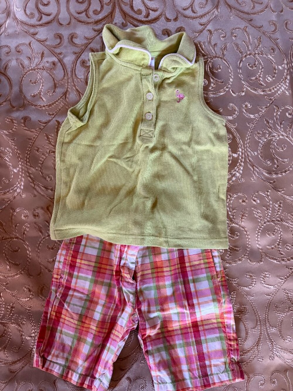 Gymboree pink, orange and green plaid shorts and green sleeveless top, size 4